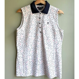 Ariat Sleeveless Polo Shirt Fox Print Cotton Blend White Navy Equestrian Golf L